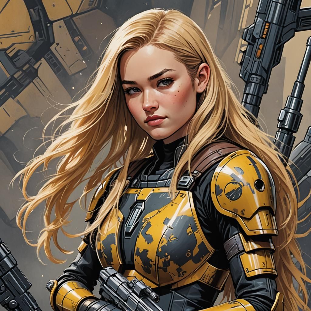 Blonde Mandalorian Girl in Sci-Fi Comic Book Style