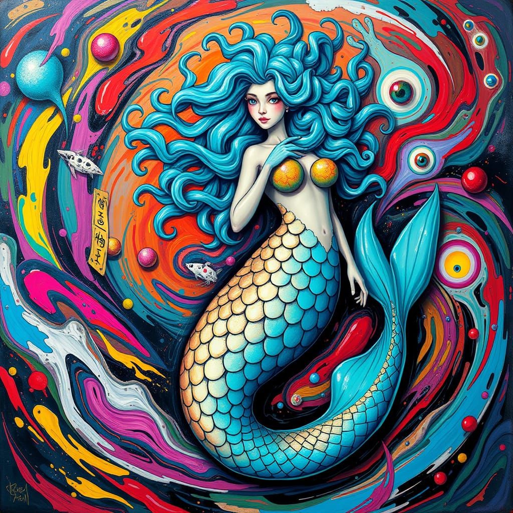 Vibrant Mermaid in Surreal Dreamlike Chaos