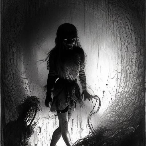 Creepy Horror Girl in Black and White Pencil Style