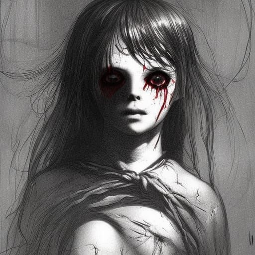 Creepy Horror Girl in Haunting Woodcut Style