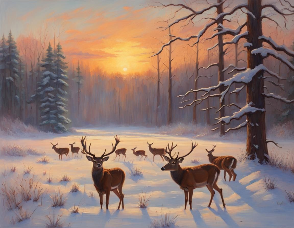 Sunrise Oil Painting: Deer in Snowy Meadow