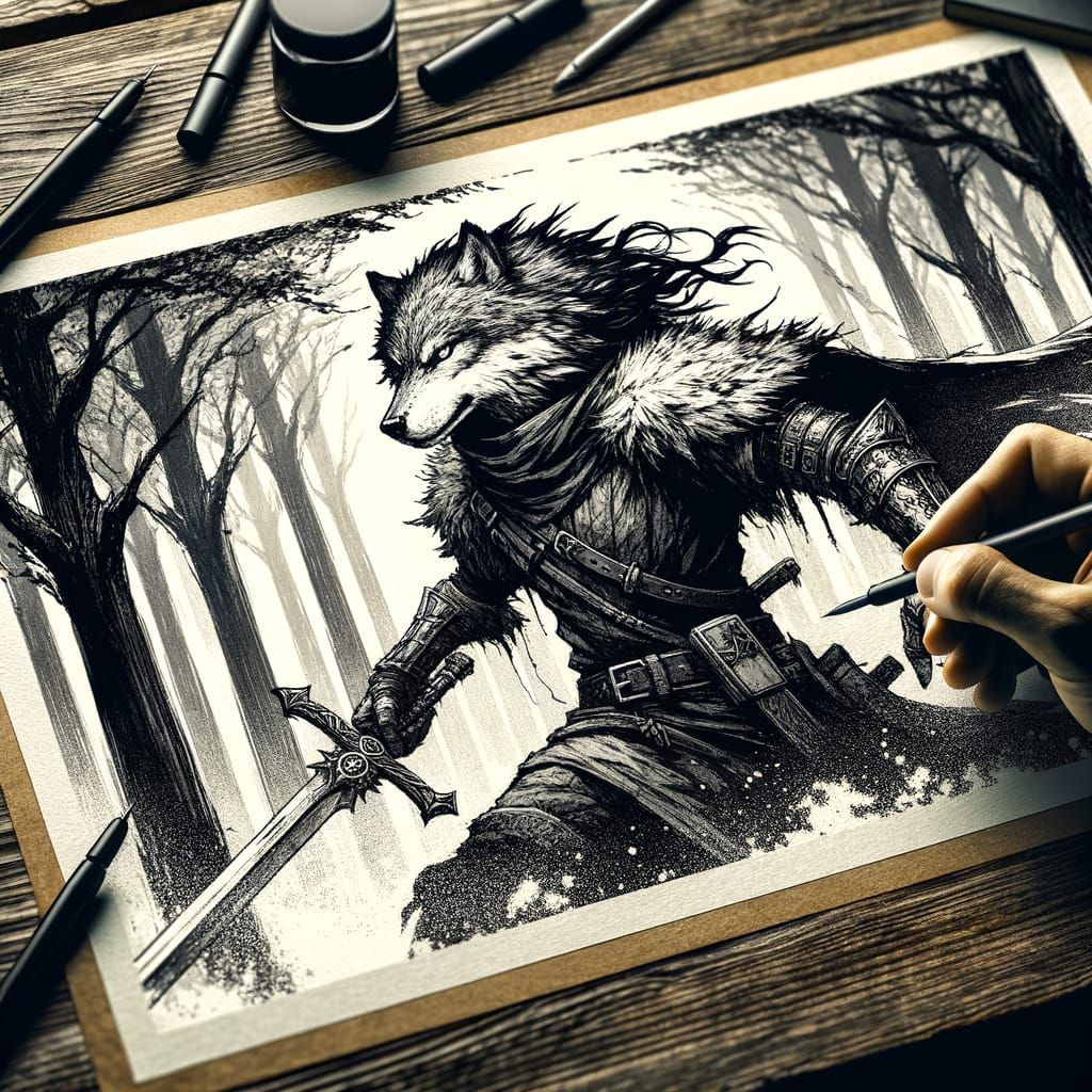 Wolf Warrior in Ink Sketch Style
