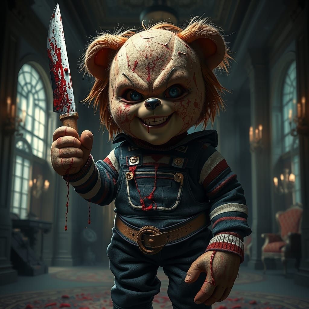 A blood thirsty Teddy Ruxpin dressed like Chucky, knife in h...