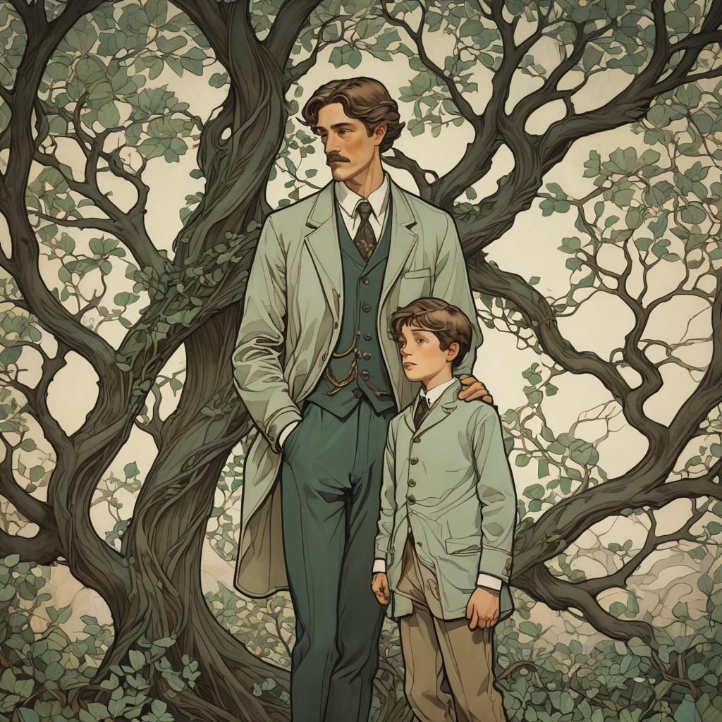 Art Nouveau Portrait: Father and Son Under Tree