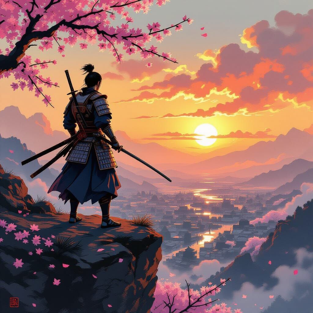 Samurai Warrior Overlooks Battlefield in Sumi-e Style
