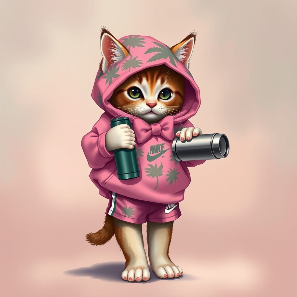 Kitten in Whimsical Outfit Holding a Stanley Thermos in a Re...