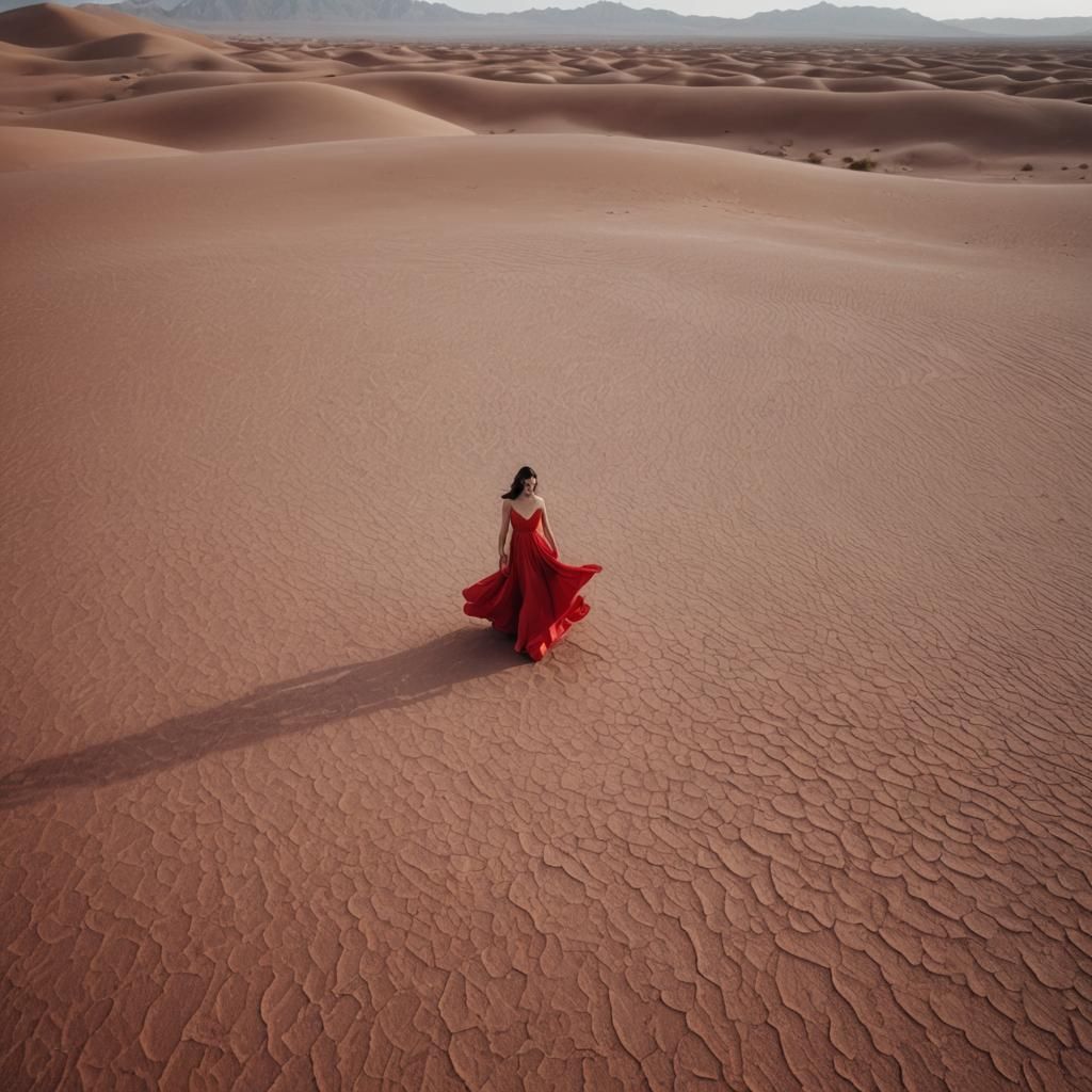 Lady in Red Dress in Desert Landscape