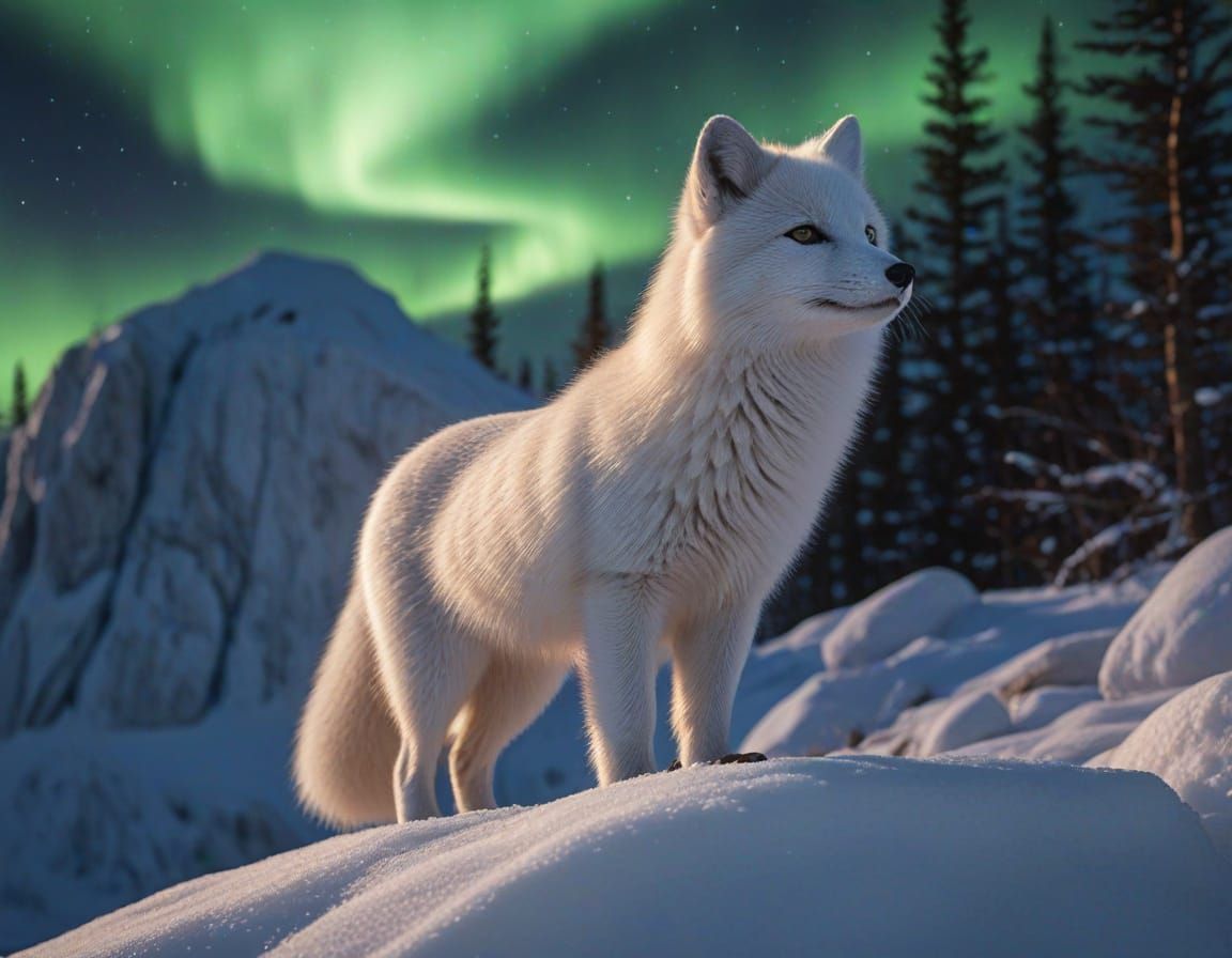 Hyper-Realistic Arctic Fox Amidst the Aurora Borealis