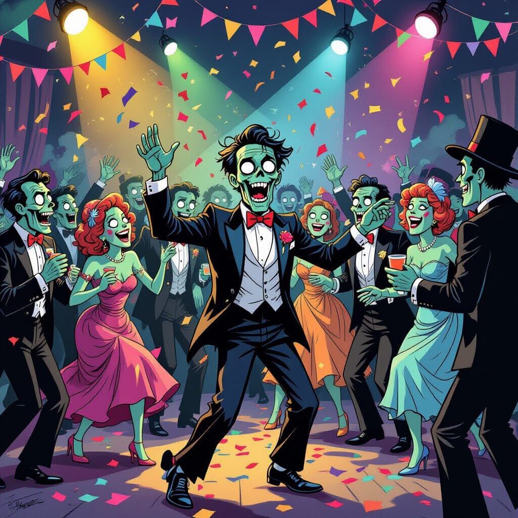 Zombies Dancing Joyfully at a Vibrant Party