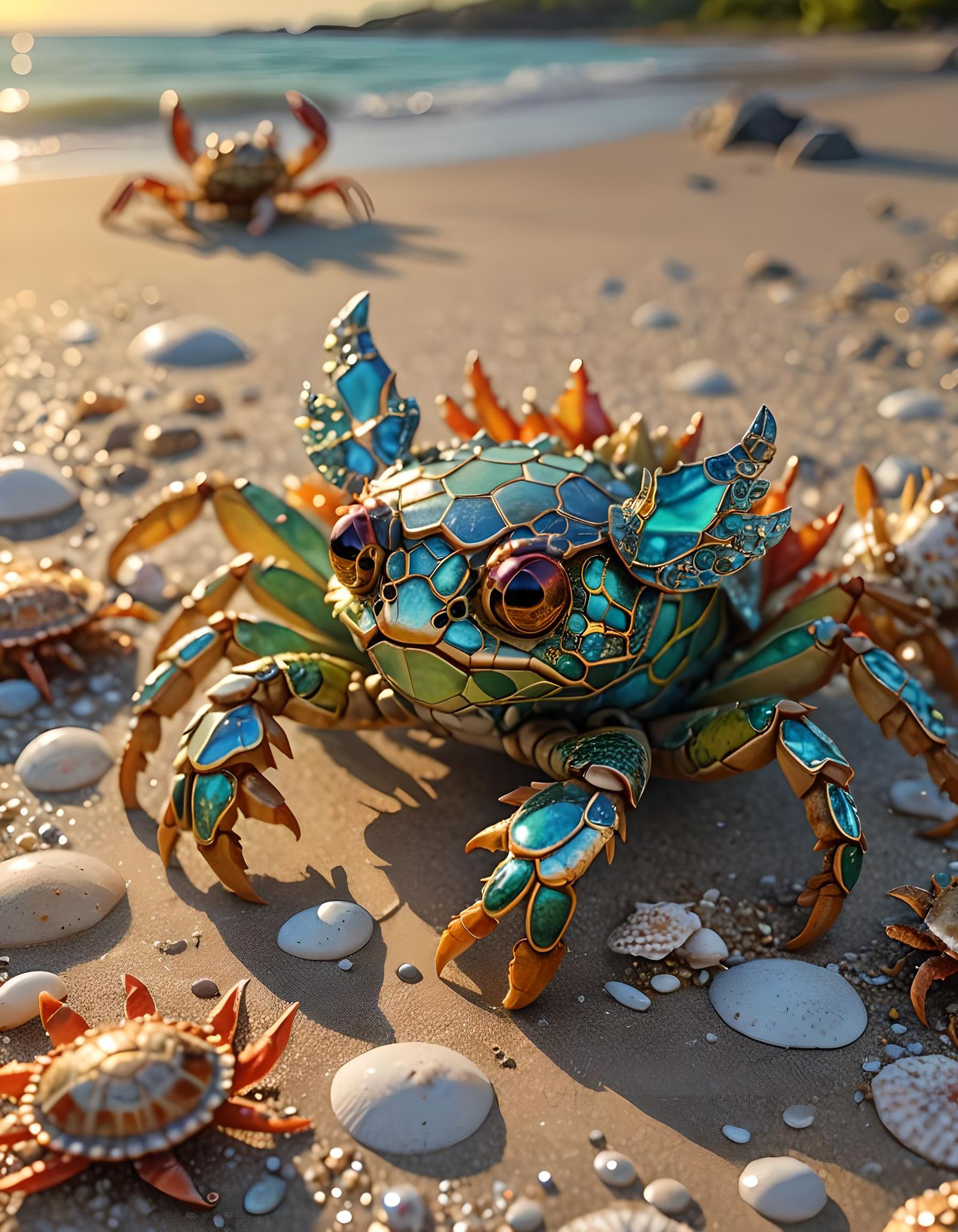 Leafy Dragon and Crab at Sunset, Photorealistic 4K