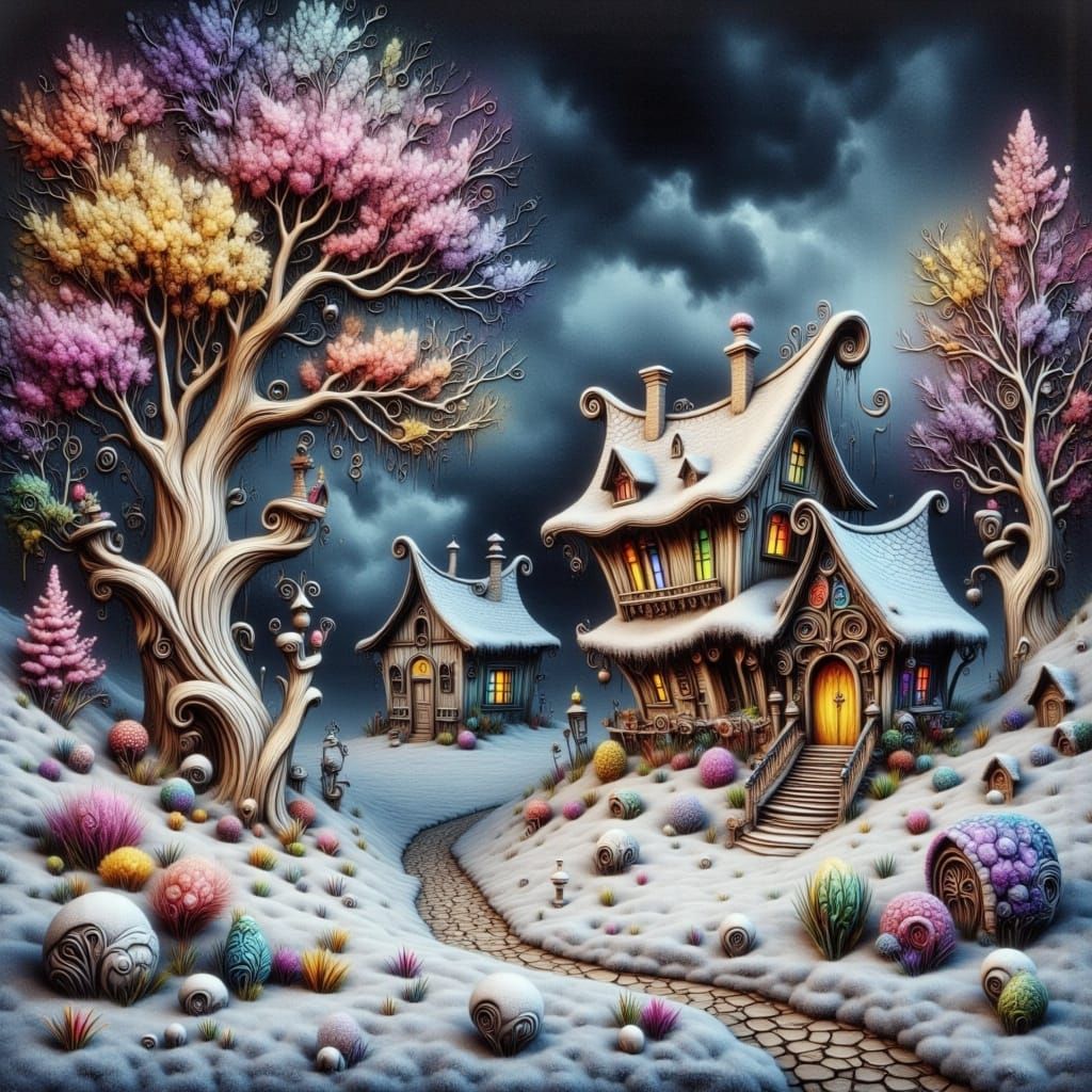 Whimsical Cottage in Snowy Landscape, Oil Painting