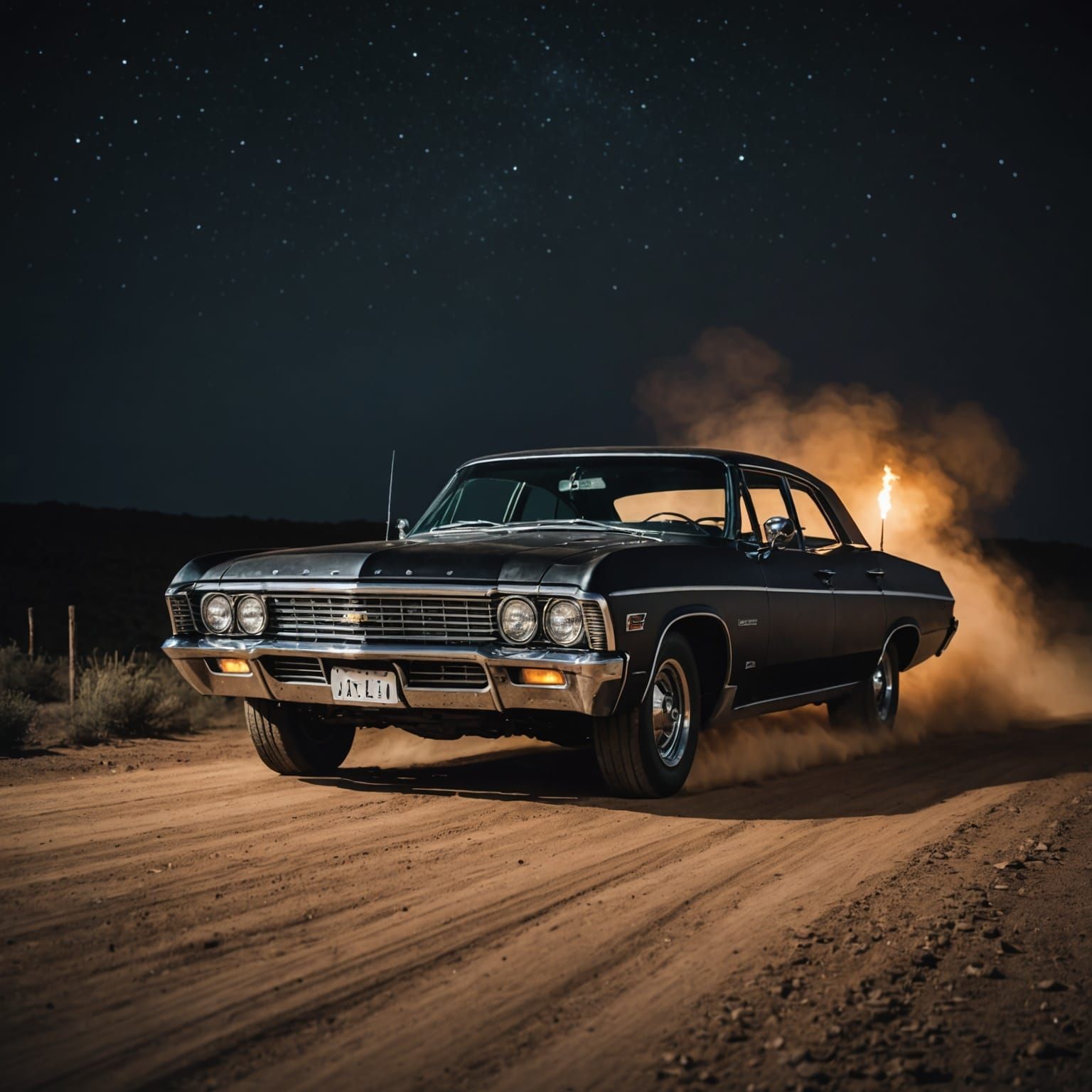 1967 Impala with Steampunk Engine on Dirt Road