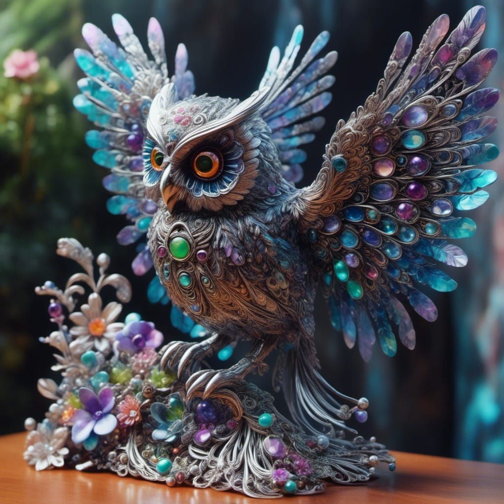 Jeweled Filigree Owl with Extended Wings