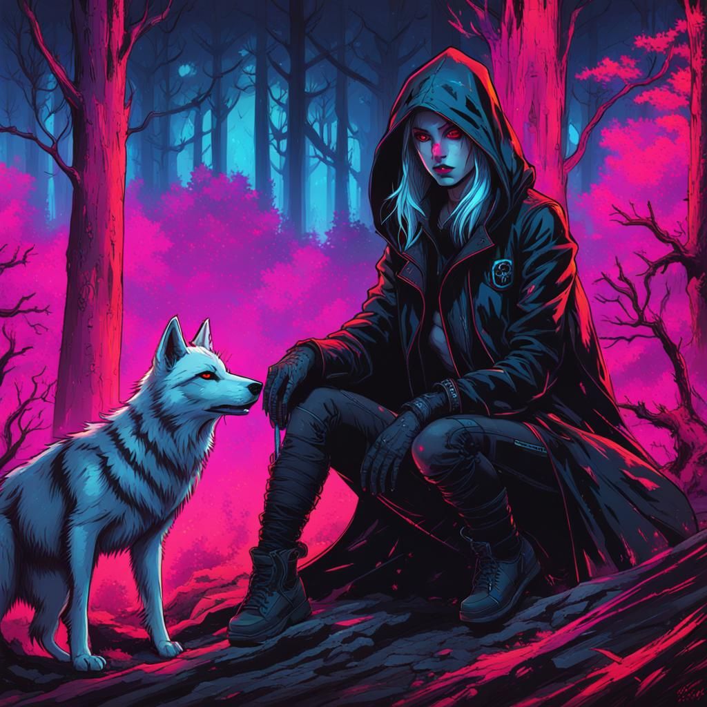 Gothic Vampire with Wolf in Cyberpunk Style