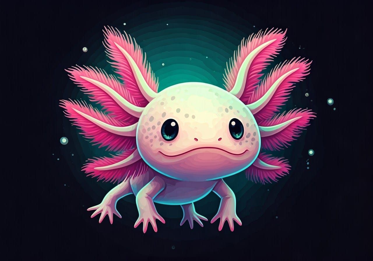 Neon Chibi Axolotl in Dreamy Watercolor Style