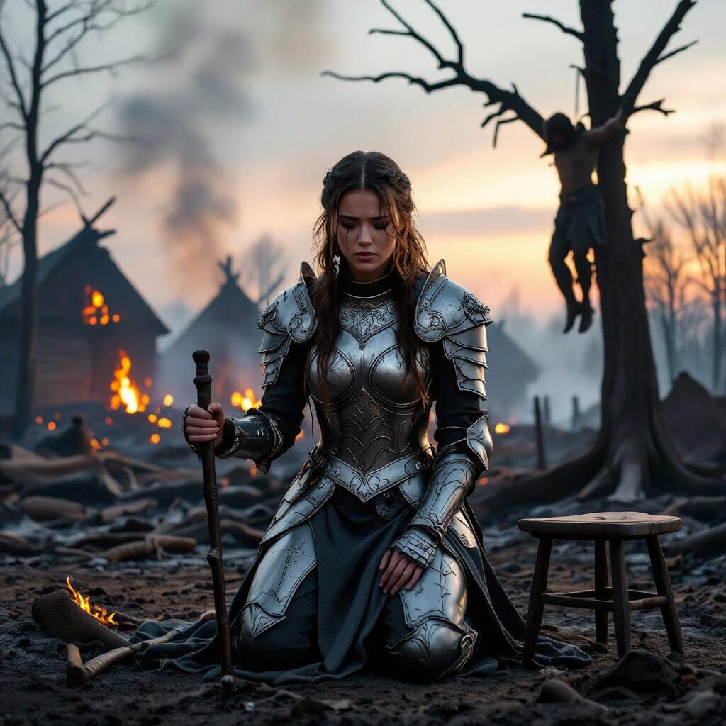 Epic Fantasy Art: Woman Seeks Resolve Amidst Village Ruins