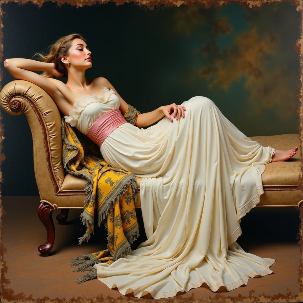 Elegant Woman on Chaise Lounge in Airbrush Acrylic Style