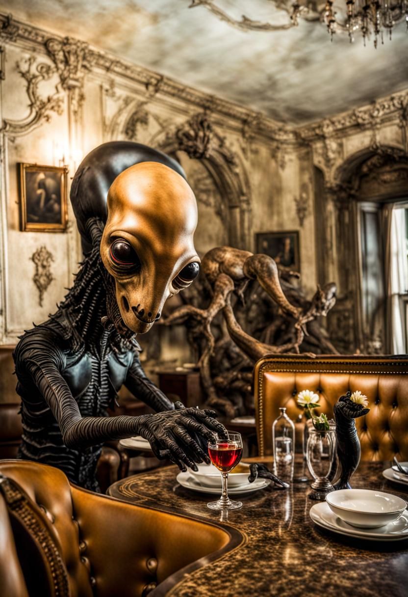 Surreal Restaurant with Exotic Aliens Celebrating