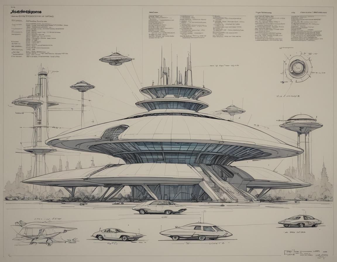 Jetsons space age building, skylights, transport landing pads, side view, engineering drawing, specification notes, star...