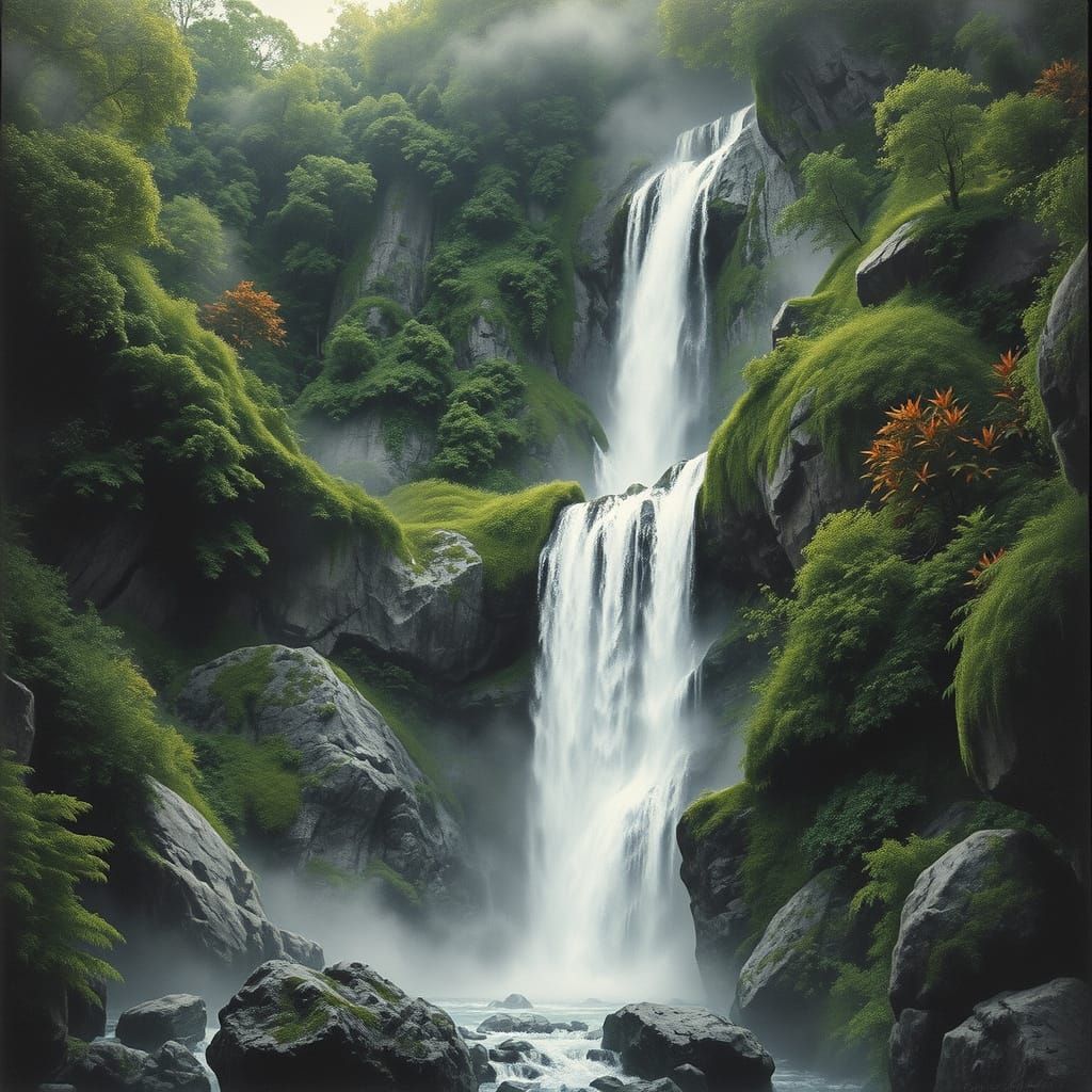 Hyper-Realistic Waterfall in Primeval Landscape