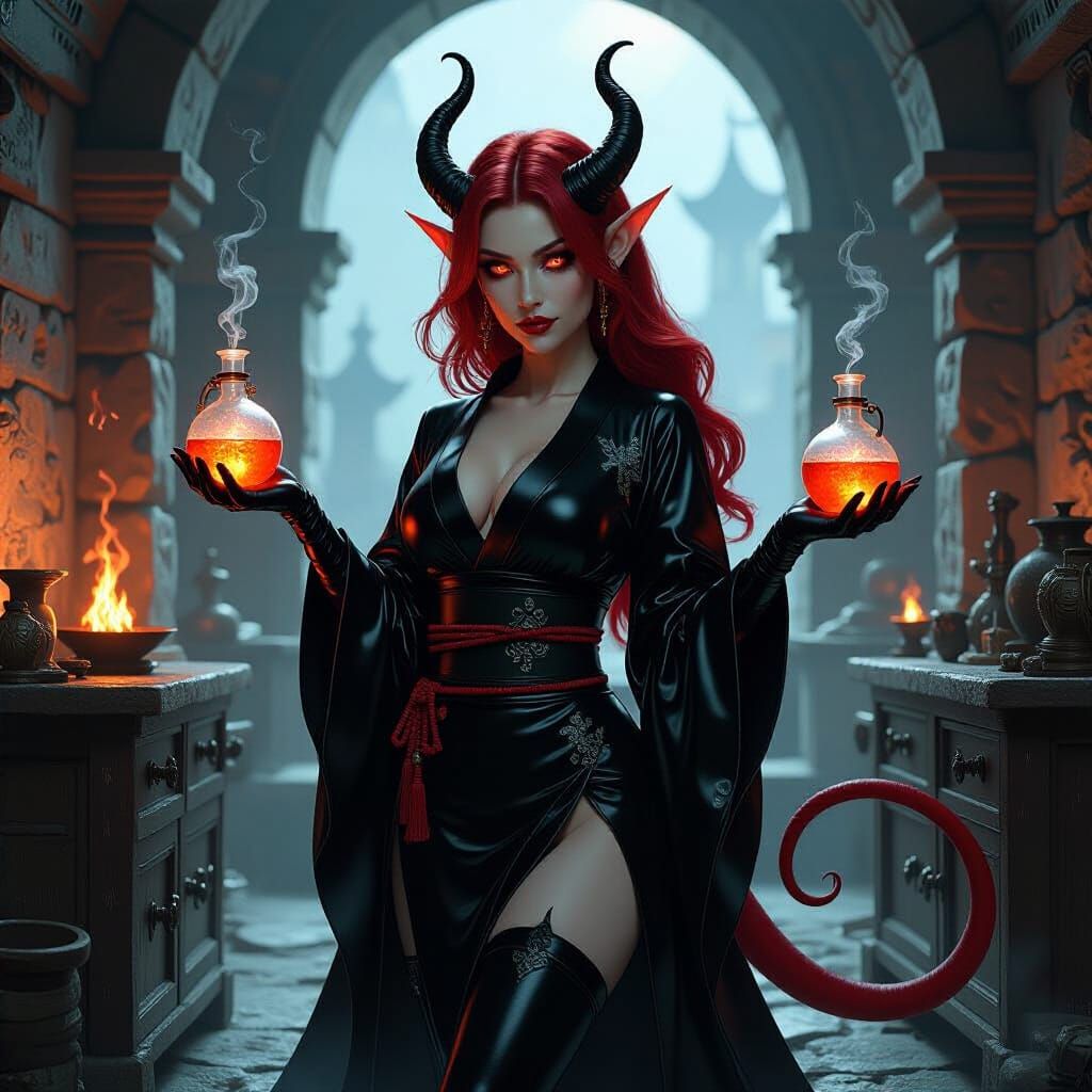 Tiefling Alchemist Mixing Concoctions in Laboratory