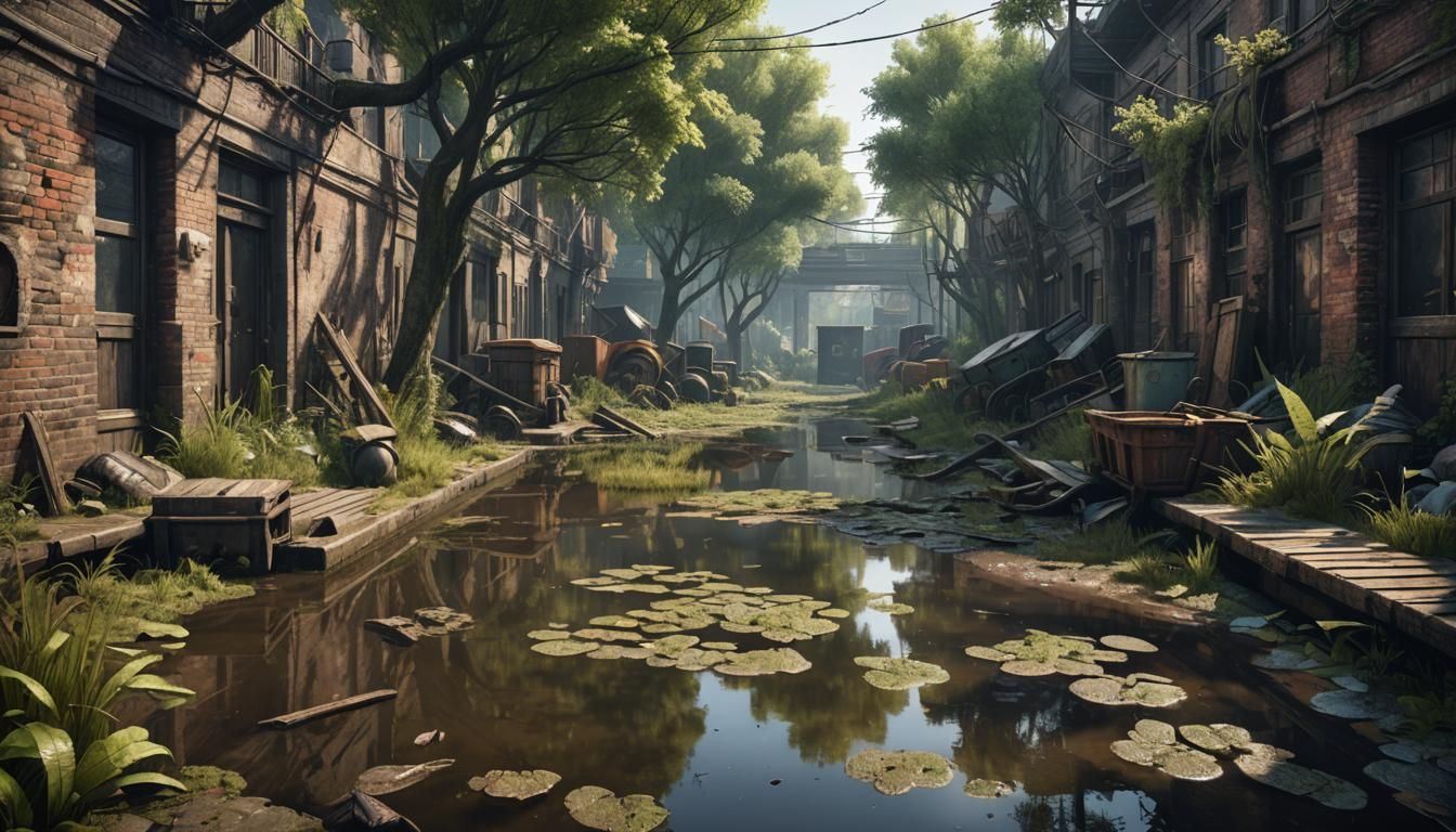 Grungy Swamp Alley in 3D Cinematic Style
