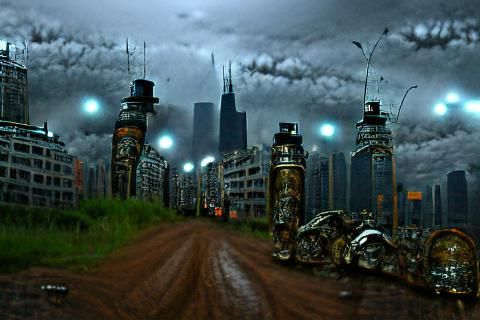 Dystopian Cityscape at Night in Cyberpunk Style