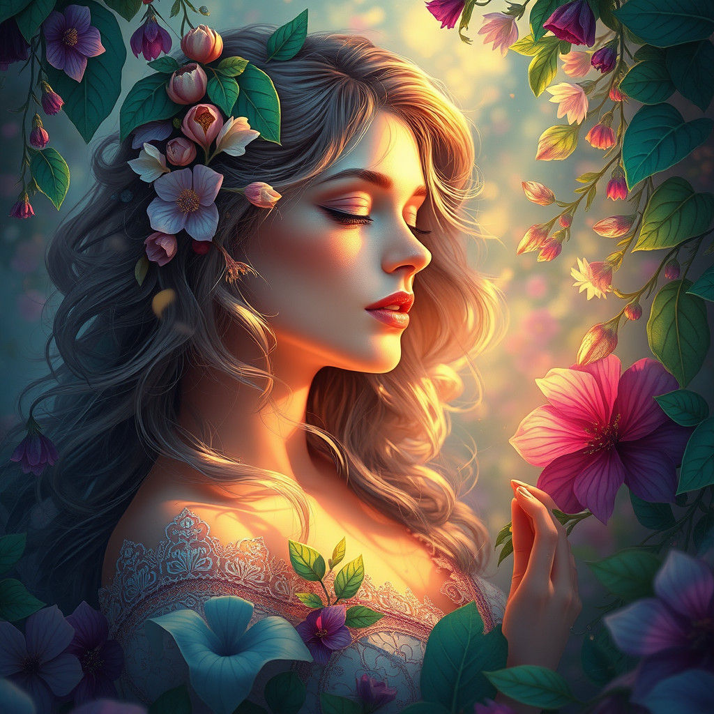 Mystical Woman in Lush Flora, Dreamlike Art