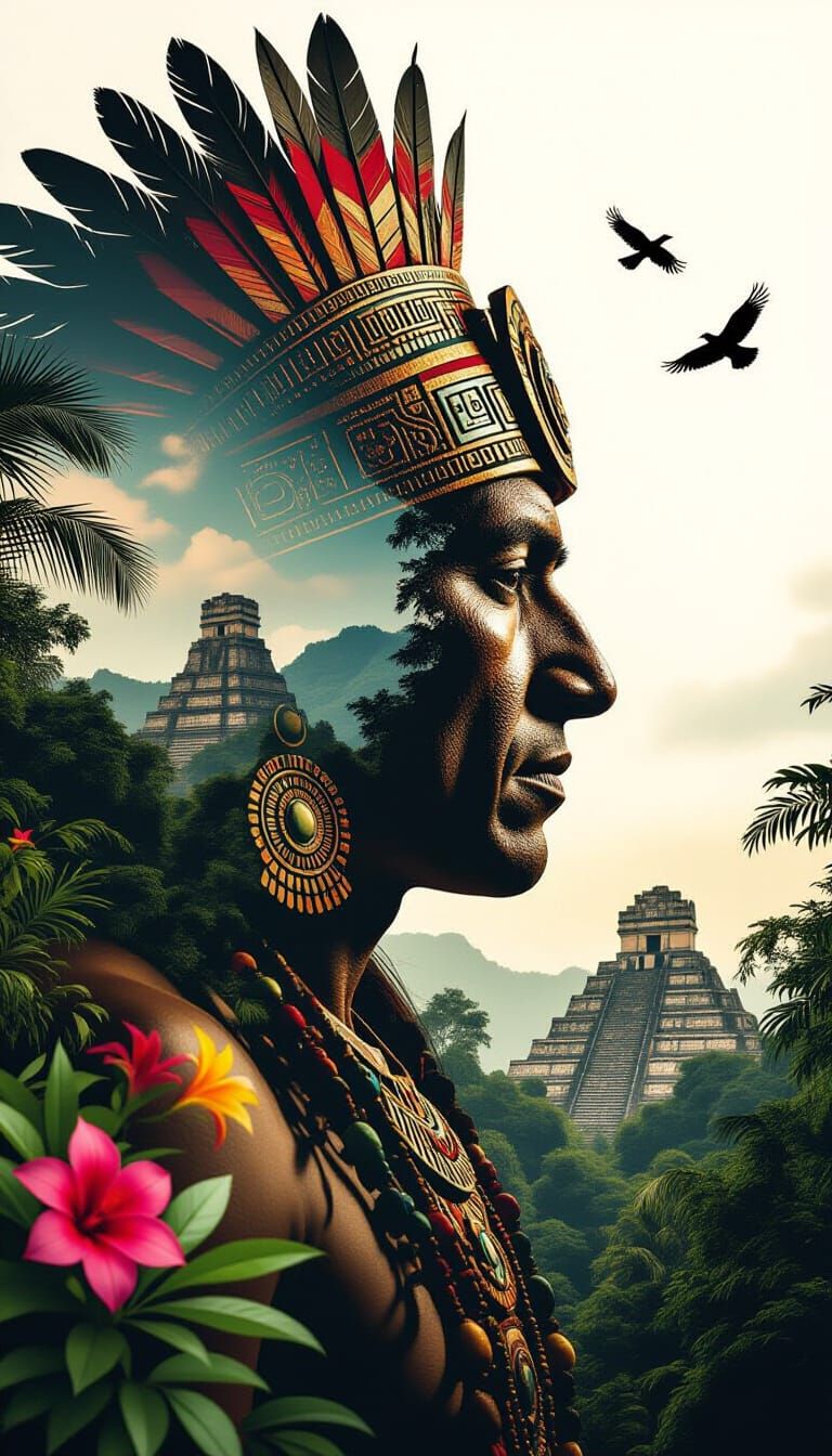 Mayan Priest Silhouette with Jungle Landscape Double Exposur...