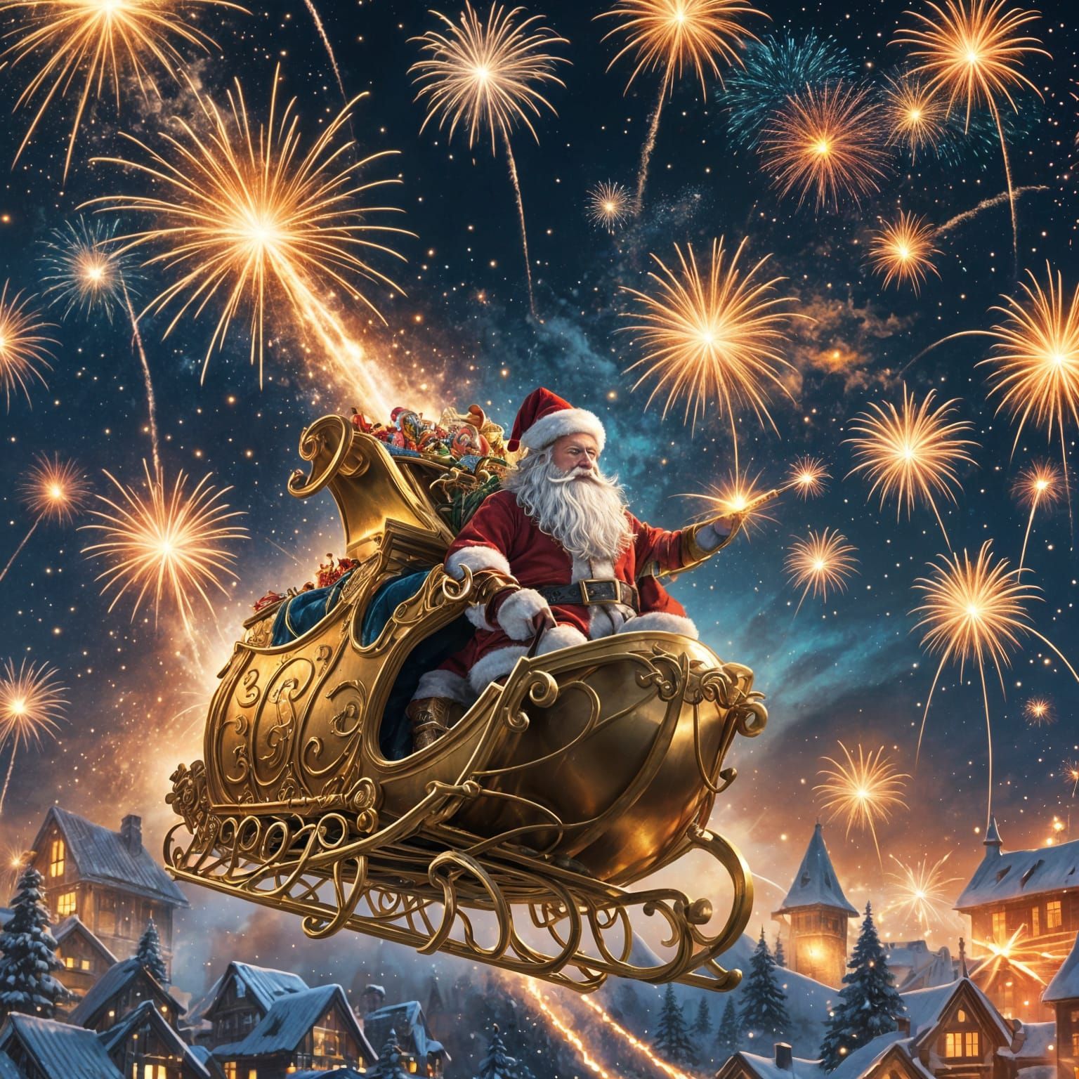 Santa's Sleigh Illuminated by Fireworks Display