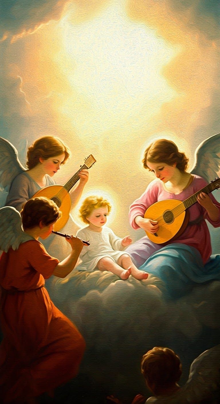 Cherubs Play Music for Baby Jesus: Impressionist Gouache