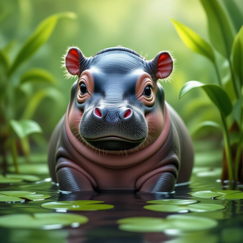 Photorealistic Baby Hippo Surrounded by Lush Plants