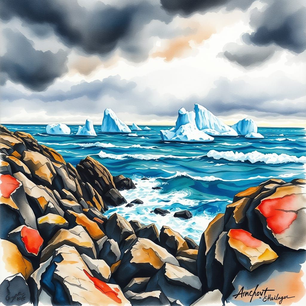 Vibrant Watercolour Landscape with Majestic Icebergs