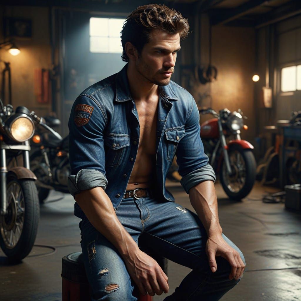 Photorealistic Mechanic in Garage With Rembrandt Lighting