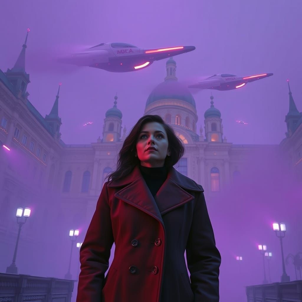 Futuristic Saint-Petersburg with Flying Cars in Fog