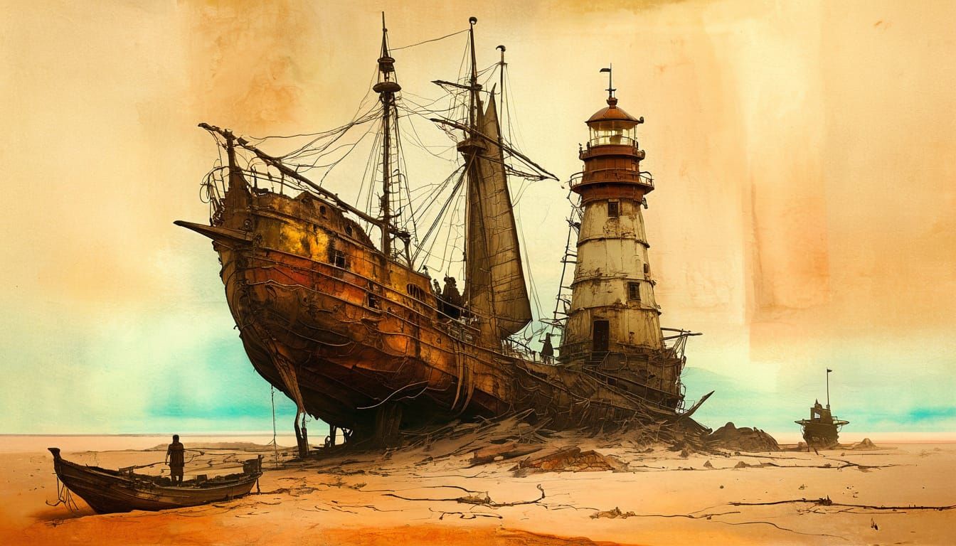Surreal Lighthouse and Ship in Desert Landscape