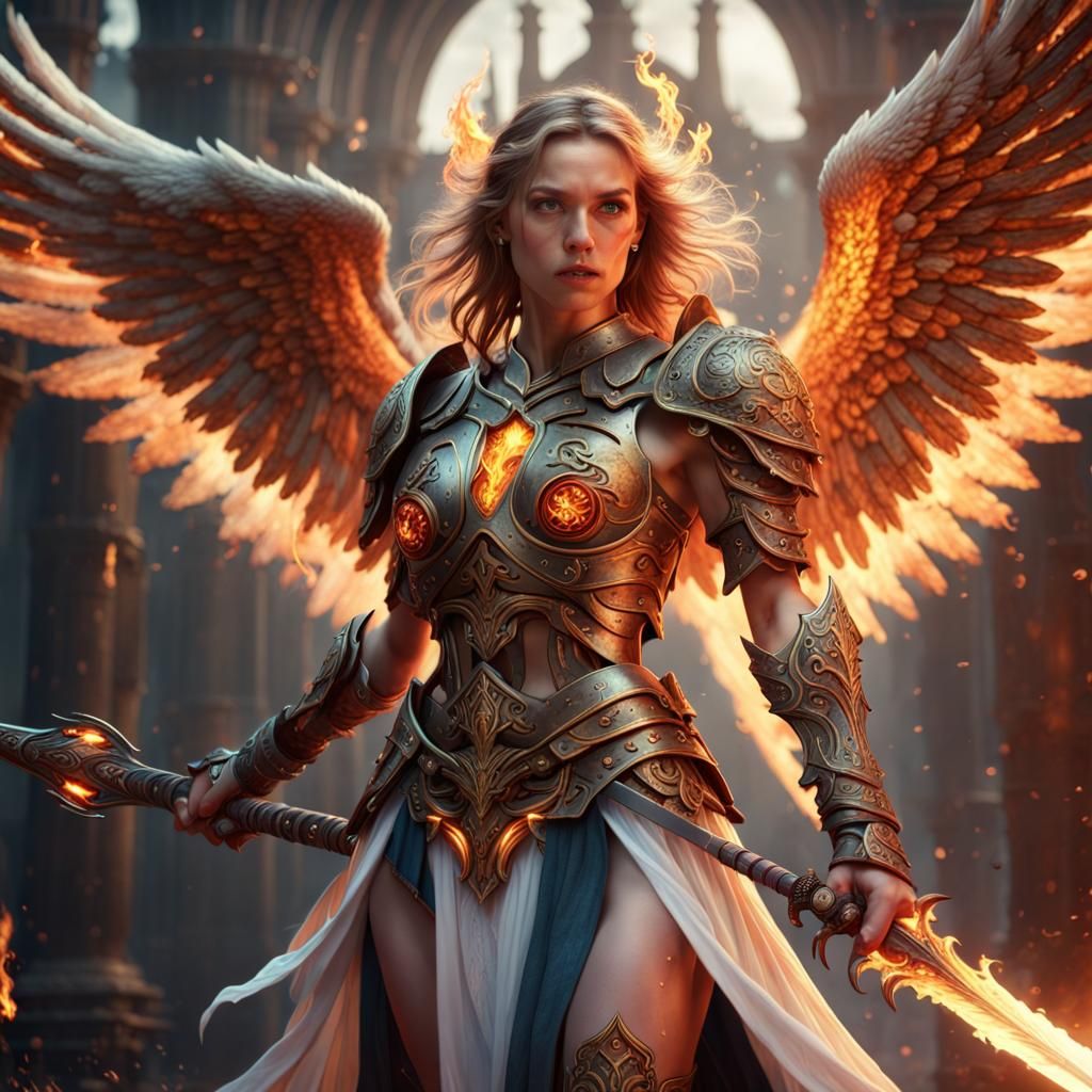 Warrior Angel with Flaming Sword in Detailed Matte Painting