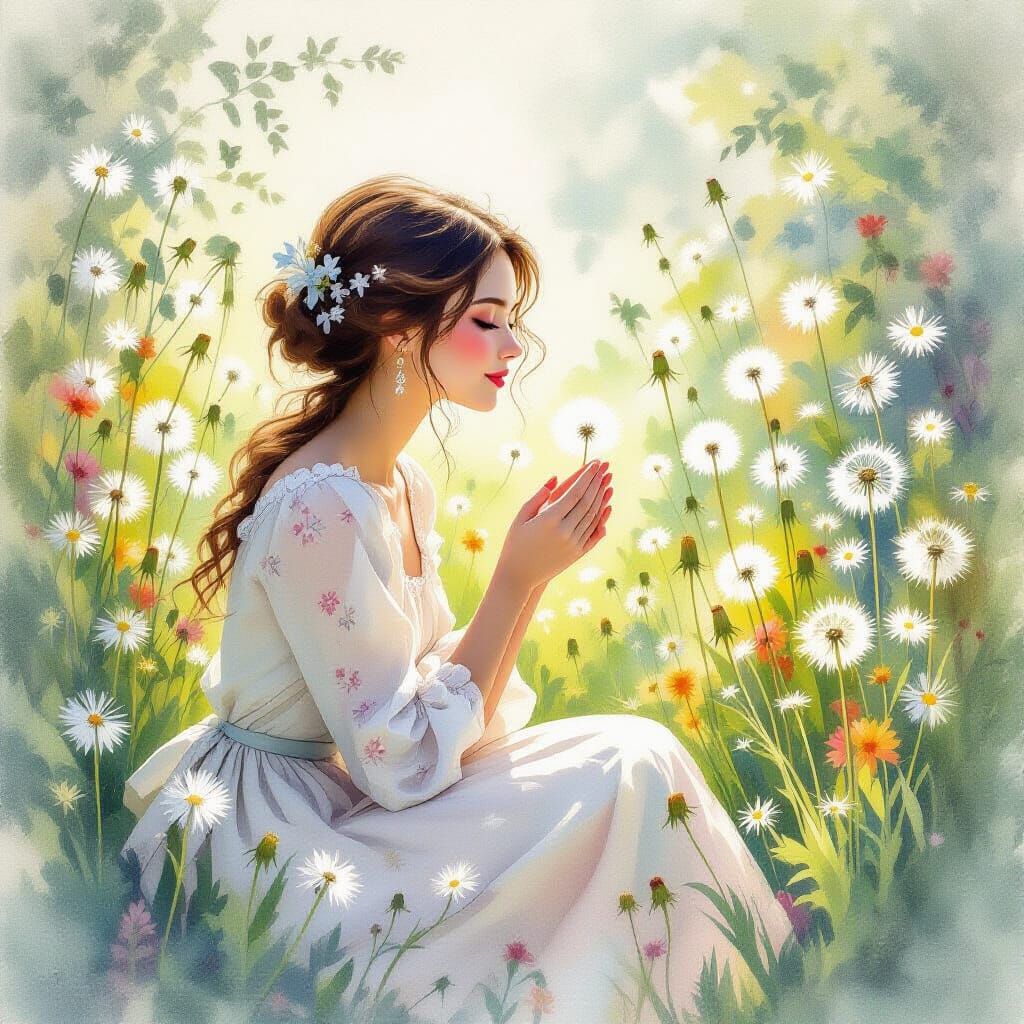 Woman Wishes in Whimsical Garden Watercolor Painting
