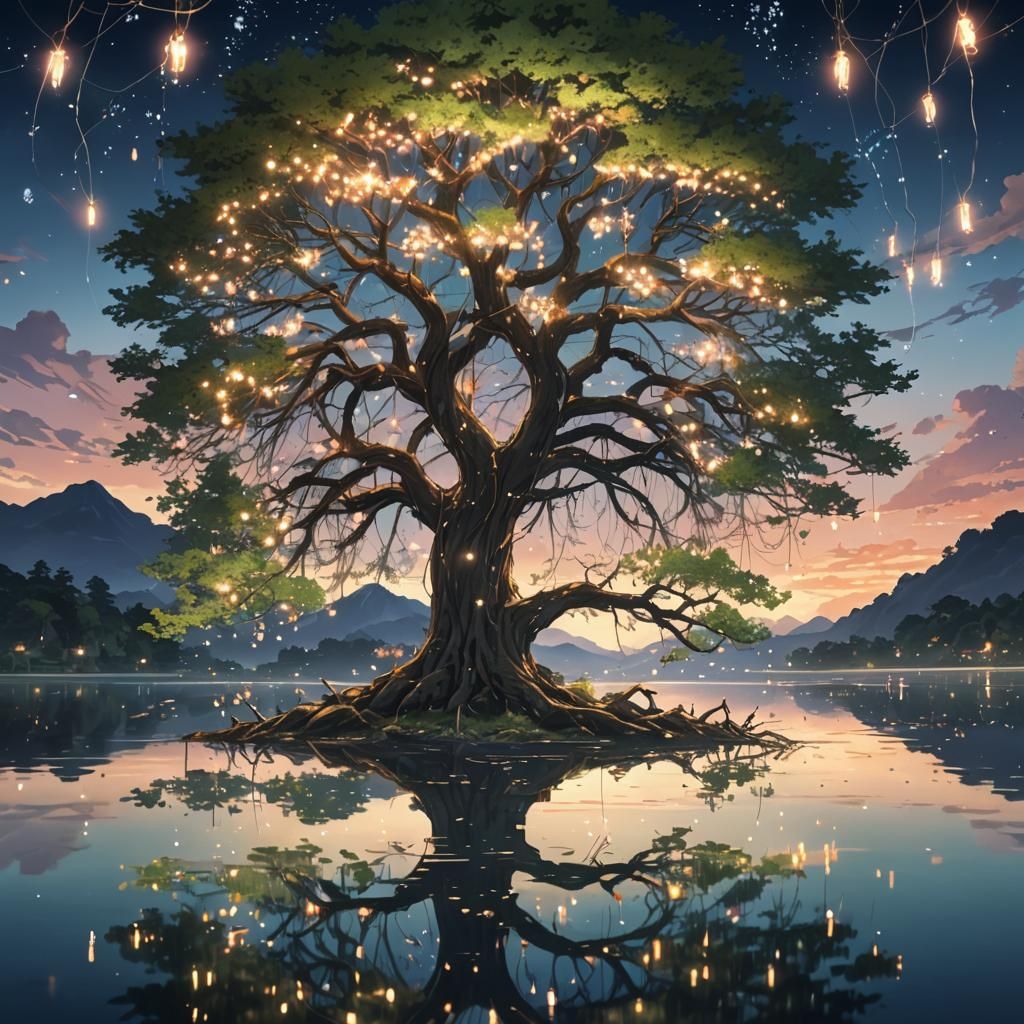 Fantastical Anime Landscape with Glowing Tree