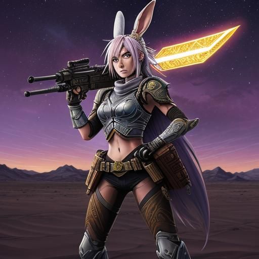 Anime Hare Warrior in Desert Nightscape