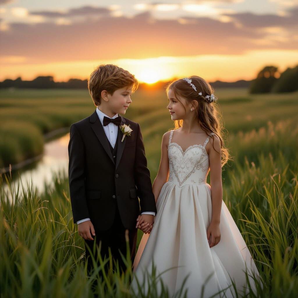 Couple Hand-in-Hand in Lush Field at Sunset