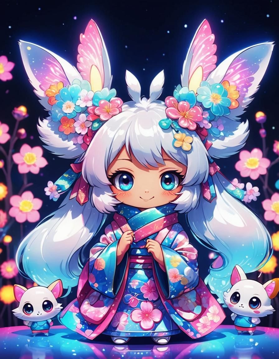 Whimsical Chibi Geisha in Vibrant Neon Garden
