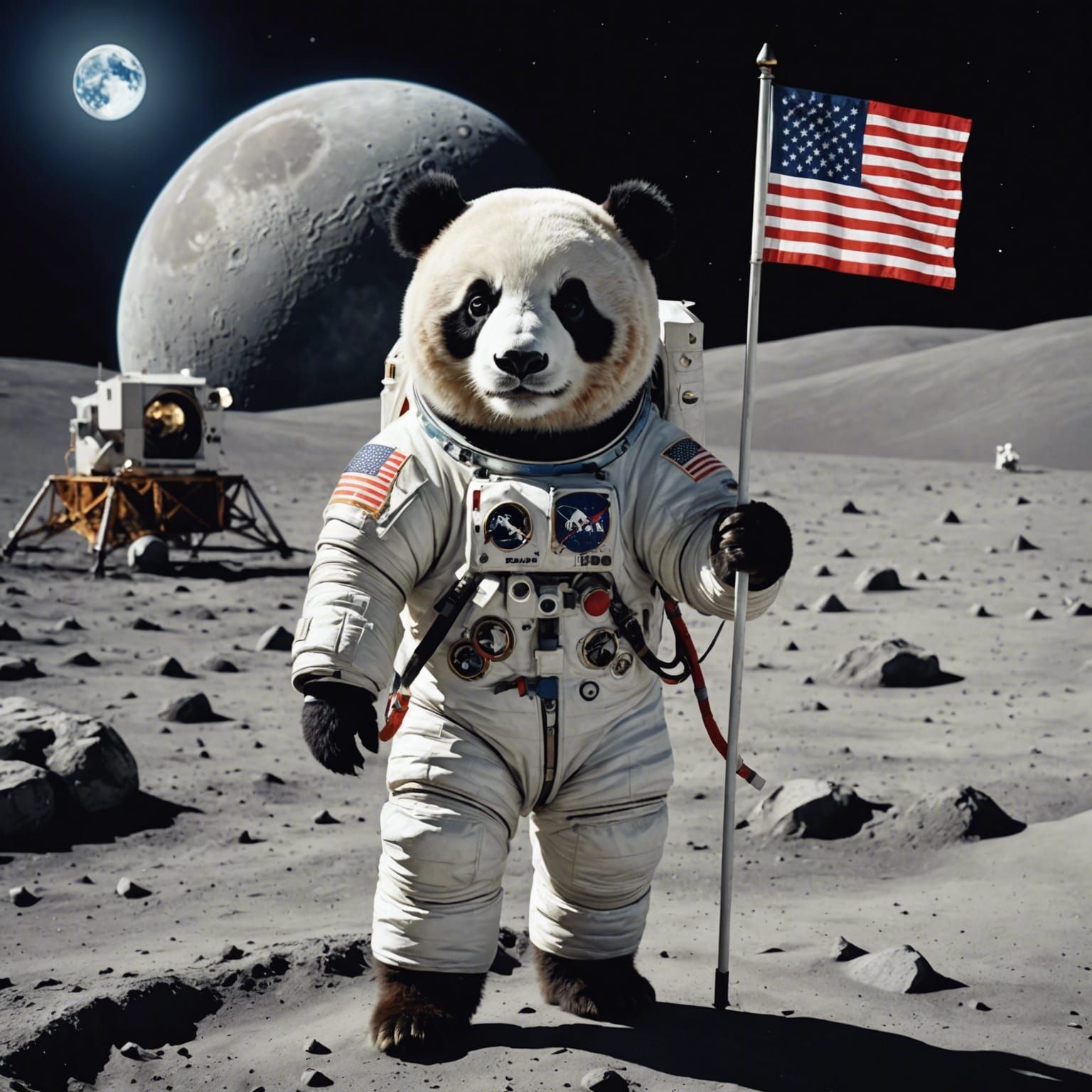 Panda Astronaut on the Moon Planting Flag