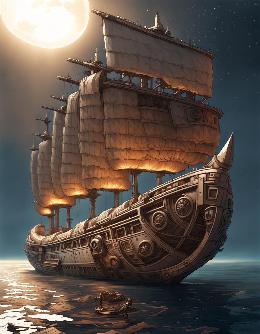 Ancient Greek Sci-Fi Ship in Gouache Kintsugi Style