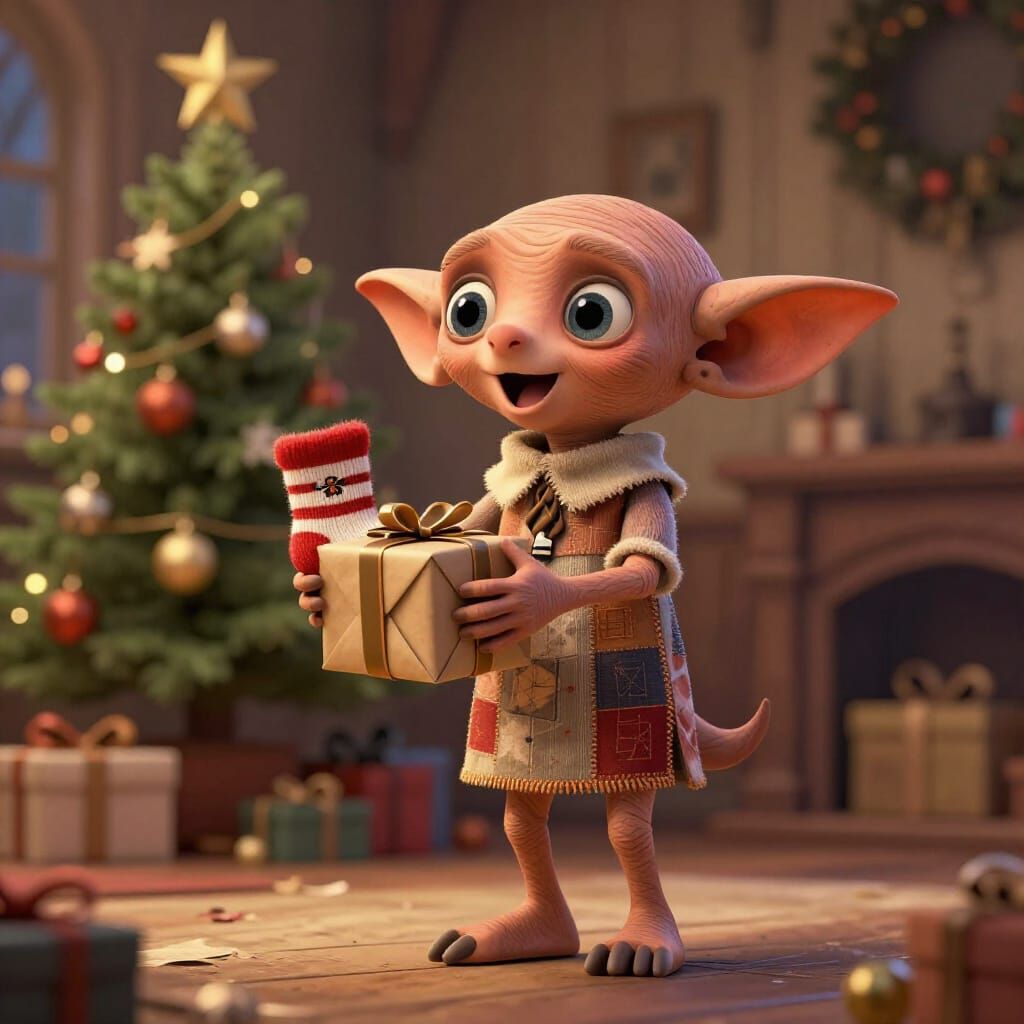 Dobby the Elf Receives Christmas Socks in 3D Anime Style