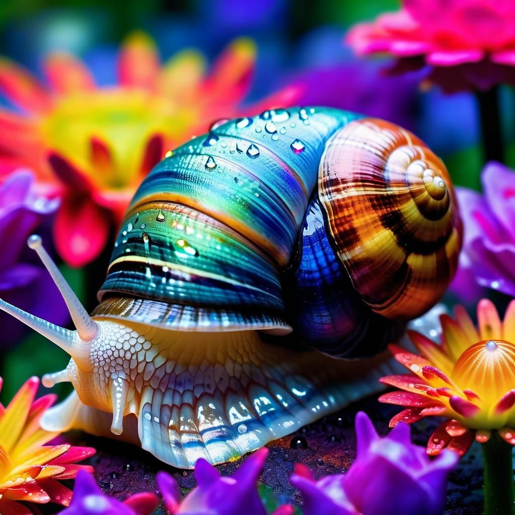 Iridescent Snail Shell in Surreal Flower Garden