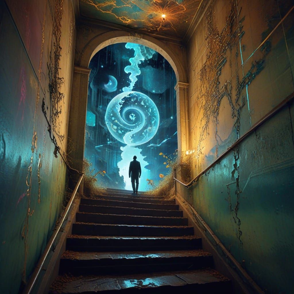 Luminous Spirit Navigates Celestial Map in Vaporwave Style