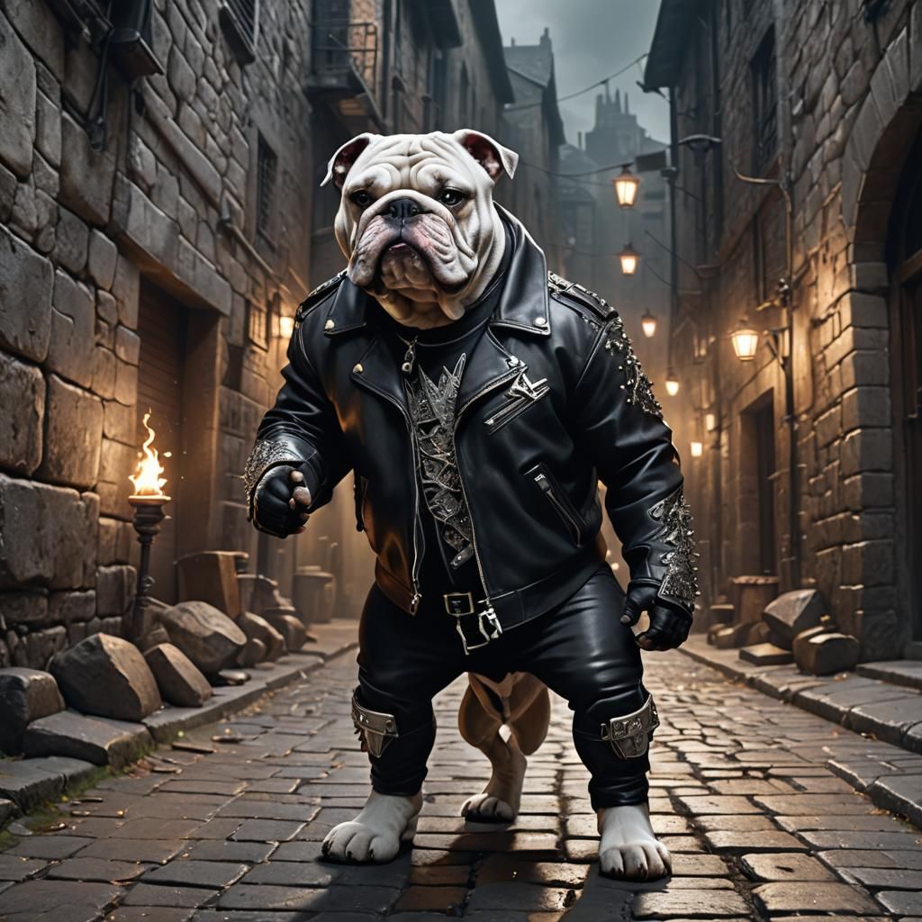 Bulldog in Leather Jacket in Mystical Alleyway