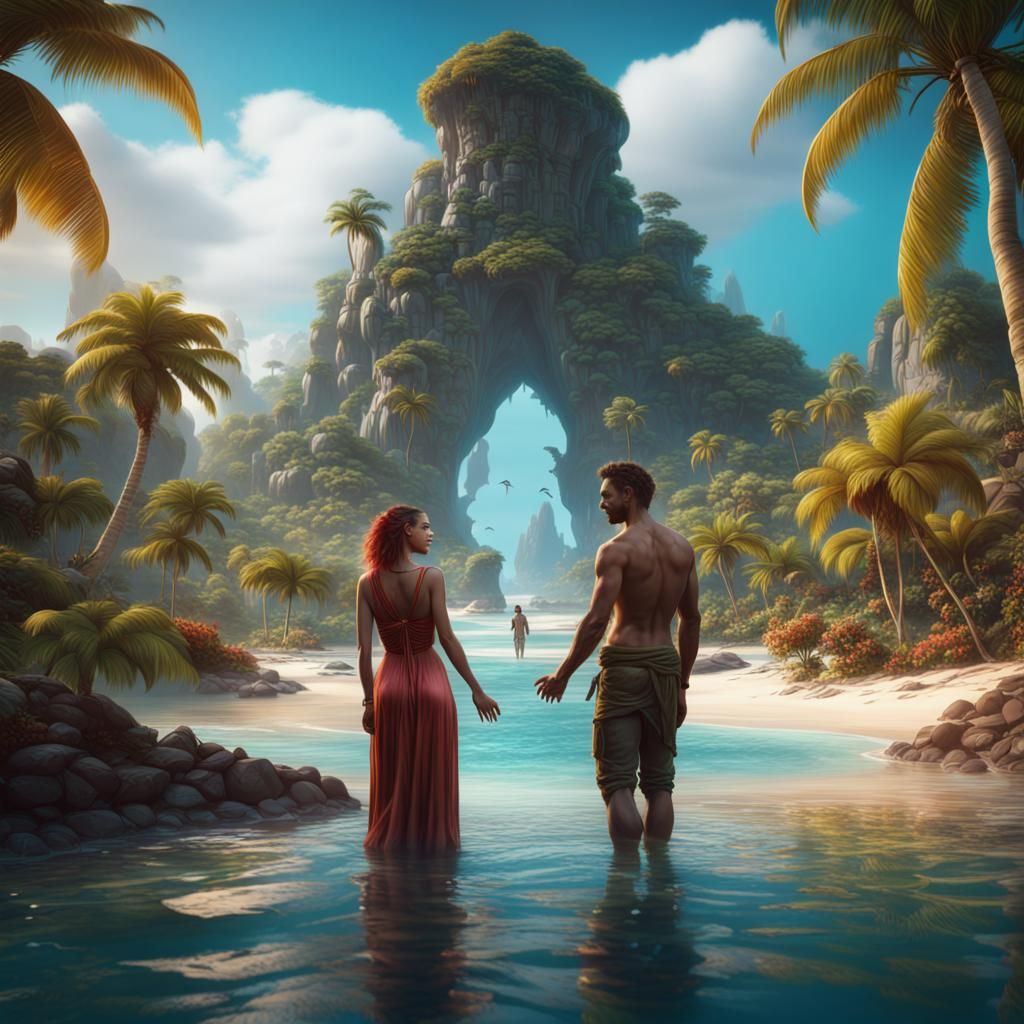 Paradise Island Couple: Detailed Fantasy Concept Art