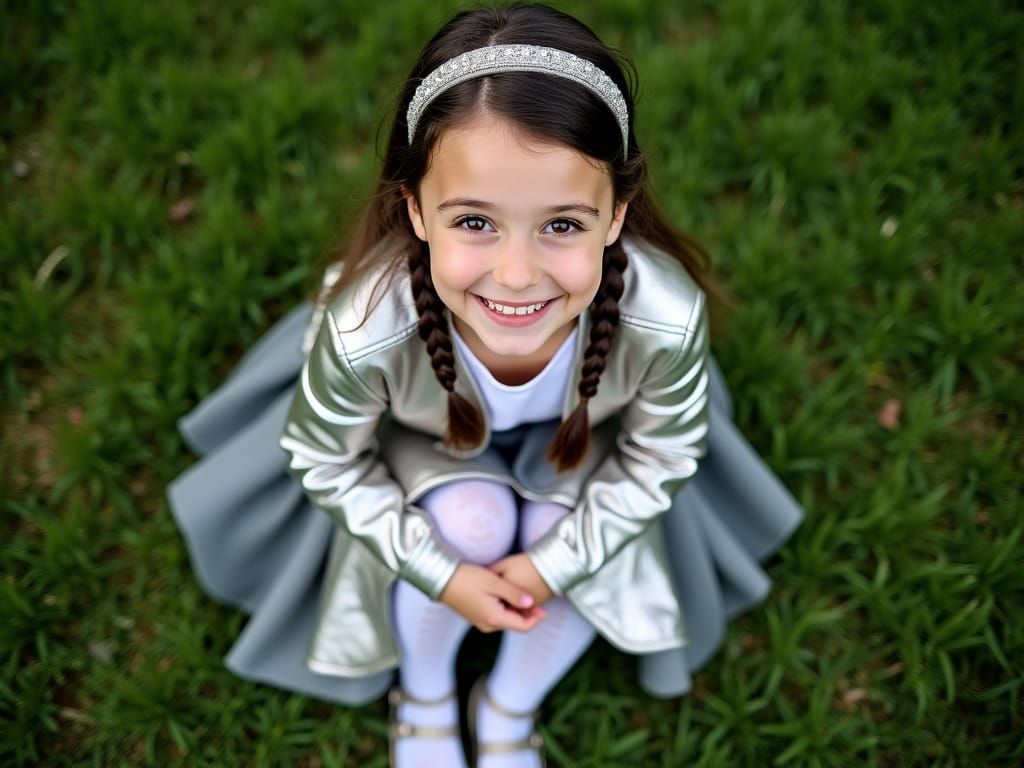Girl in Shimmering Silver Amidst a Lush Green Meadow